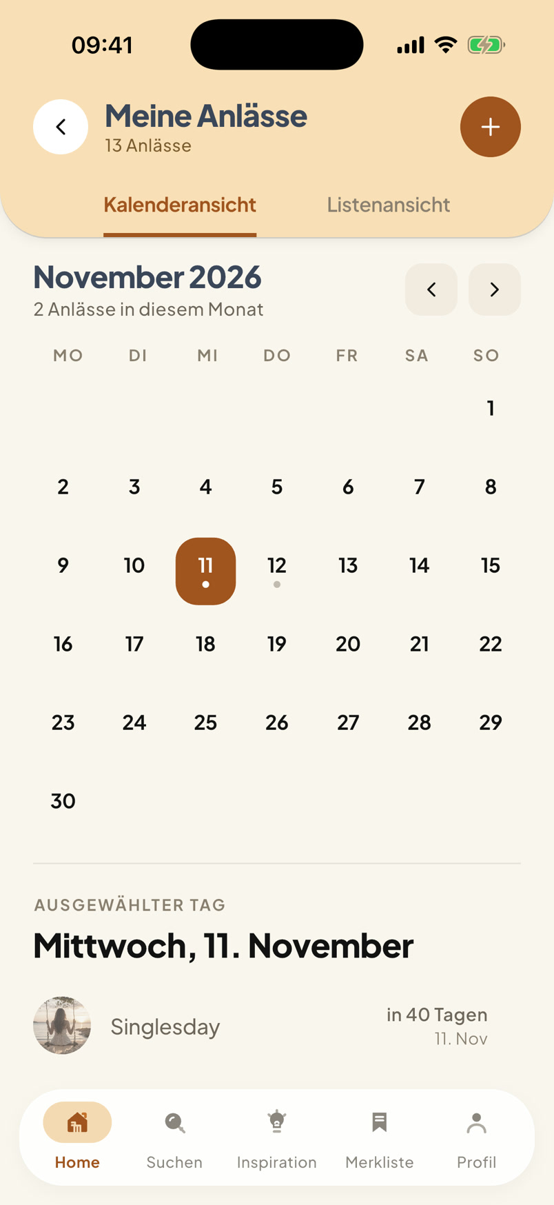 Anlassplanung in der Cadevo-App mit Kalenderansicht und ausgewähltem Anlass
